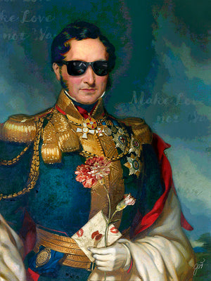 Make Love Not War is a print by Jackie Von Tobel featuring a decorated military man �� la Emperor Napoleon holding a rose and a love letter, the piece of wall art framed in gold