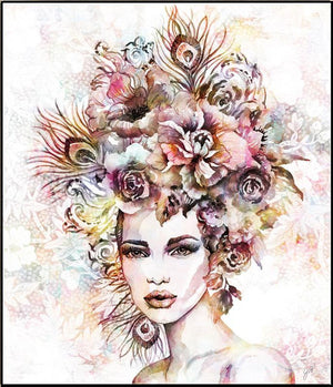 The Floralista I print by Jackie Von Tobel framed in silver features a beautiful woman with peacock feathers and flowers in her hair like a lush headdress on a pastel background