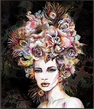 the Floralista IV print by Jackie Von Tobel framed in silver features a beautiful woman with peacock feathers and flowers in her hair like a lush headdress on a black background
