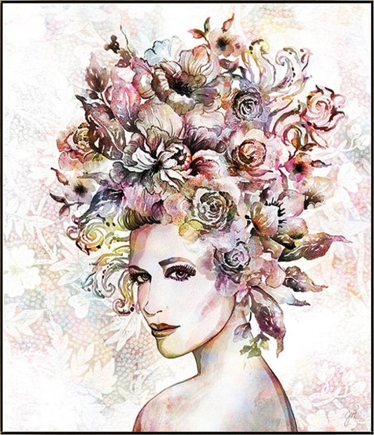 the Floralista III print by Jackie Von Tobel framed in silver features a beautiful woman with trailing vines and flowers in her hair like a lush headdress on a pastel background