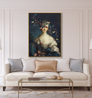 Madame Butterfly by Jackie Von Tobel is a fine art gicl��e of a young aristocrat whose vision is obscured by a kaleidoscope of butterflies, in a room setting hanging above a lovely modern white sofa.