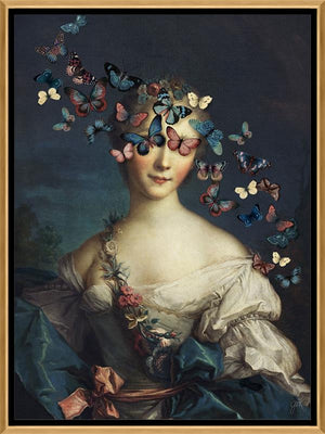 Madame Butterfly by Jackie Von Tobel is a fine art gicl��e of a young aristocrat whose vision is obscured by a kaleidoscope of butterflies, the piece of wall art framed in gold.