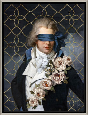 Secret Admirer by Jackie Von Tobel is a print of a gentleman whose vision is obscured by an artfully tied bow made of satin, the piece of wall art framed in silver and black.