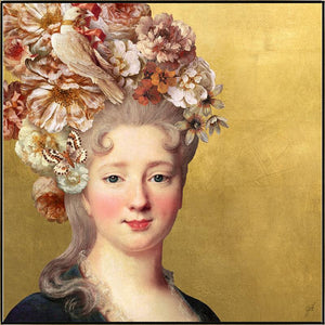 The Age of Innocence III by Jackie Von Tobel is a print of a young aristocrat with a floral headdress on a luminous gold background that was created for LeftBank Art where Jackie is a bestselling artist.