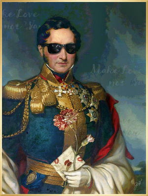 Make Love Not War is a print by Jackie Von Tobel featuring a decorated military man �� la Emperor Napoleon holding a rose and a love letter, the piece of wall art framed in gold