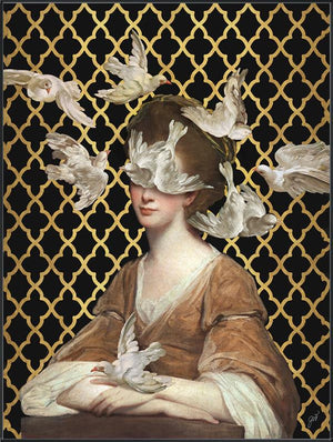 A flock of doves floats around a young woman in a terracotta-colored gown on a black and gold background in Jackie Von Tobel's print Love is Blind II, the piece of wall art framed in black.
