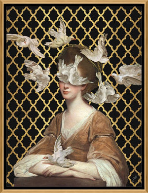 A flock of doves floats around a young woman in a terracotta-colored gown on a black and gold background in Jackie Von Tobel's print Love is Blind II, the piece of wall art framed in gold and black.