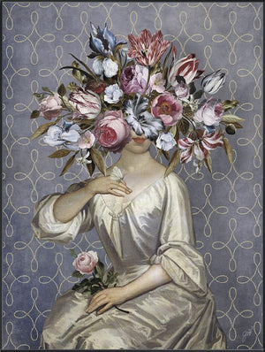 Beautiful Dreamer Silver by Jackie von Tobel is a print of a woman who is blinded by an explosion of flowers shaped like a headdress that was created for LeftBank Art where Jackie is a bestselling artist