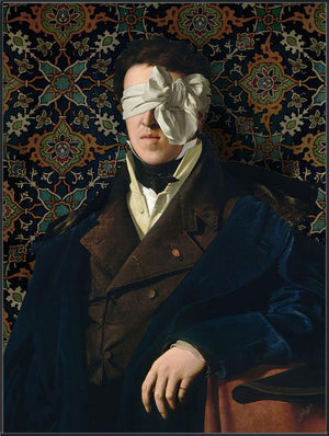 See No Evil by Jackie Von Tobel is a fine art gicl��e of a gentleman whose vision is obscured by an artfully tied bow made of satin, the piece of wall art framed in black.