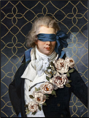 Secret Admirer by Jackie Von Tobel is a print of a gentleman whose vision is obscured by an artfully tied bow made of satin, the piece of wall art framed in silver.