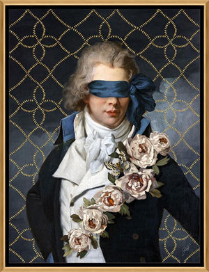 Secret Admirer by Jackie Von Tobel is a print of a gentleman whose vision is obscured by an artfully tied bow made of satin, the piece of wall art framed in gold and black.