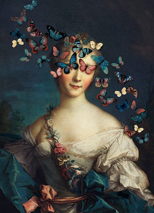 Madame Butterfly by Jackie Von Tobel is a fine art giclée of a young aristocrat whose vision is obscured by a kaleidoscope of butterflies, shown unframed.