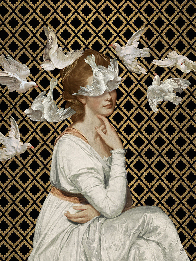 A flock of doves floats around a young woman in an ivory gown on a black and gold background in Jackie Von Tobel's fine art giclée Love is Blind I, shown unframed.