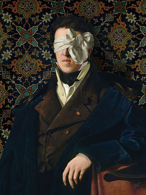 See No Evil by Jackie Von Tobel is a fine art gicl��e of a gentleman whose vision is obscured by an artfully tied bow made of satin.