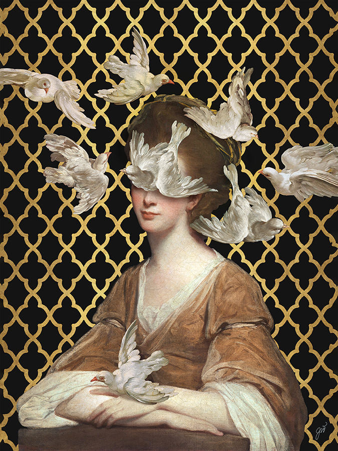 A flock of doves floats around a young woman in a terracotta-colored gown on a black and gold background in Jackie Von Tobel's print Love is Blind II.