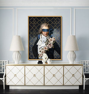 Secret Admirer by Jackie Von Tobel is a print of a gentleman whose vision is obscured by an artfully tied bow made of satin hanging above a modern credenza.