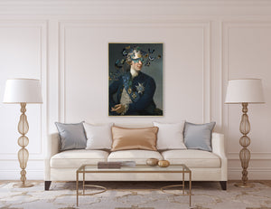 Blinded by the Flight by Jackie Von Tobel is a fine art giclée of a gentleman whose vision is obscured by a kaleidoscope of butterflies, shown in a room setting hanging above a lovely modern white sofa.