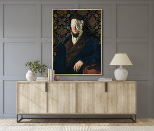 See No Evil by Jackie Von Tobel is a fine art giclée of a gentleman whose vision is obscured by an artfully tied bow made of satin hanging above a modern credenza.