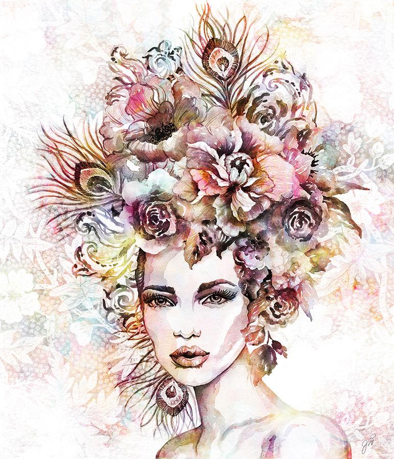 The Floralista I print by Jackie Von Tobel, which was created for LeftBank Art where Jackie is a bestselling artist, framed in gold features a beautiful woman with peacock feathers and flowers in her hair like a lush headdress on a pastel background