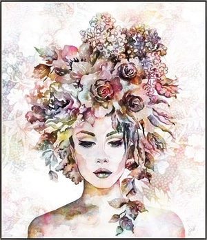 the Floralista II print by Jackie Von Tobel framed in gold features a beautiful woman with trailing leaves and flowers in her hair like a lush headdress on a pastel background