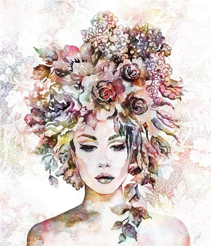 the Floralista II print by Jackie Von Tobel, which was created for LeftBank Art where Jackie is a bestselling artist, framed in gold features a beautiful woman with trailing leaves and flowers in her hair like a lush headdress on a pastel background