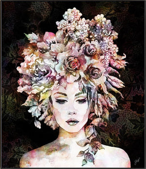 the Floralista V print by Jackie Von Tobel framed in silver features a beautiful woman with trailing leaves and flowers in her hair like a lush headdress on a black background