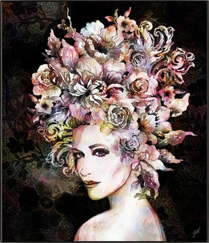 the Floralista VI print by Jackie Von Tobel framed in silver features a beautiful woman with trailing vines and flowers in her hair like a lush headdress on a black background