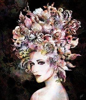 the Floralista VI print by Jackie Von Tobel, which was created for LeftBank Art where Jackie is a bestselling artist, framed in gold features a beautiful woman with trailing vines and flowers in her hair like a lush headdress on a black background
