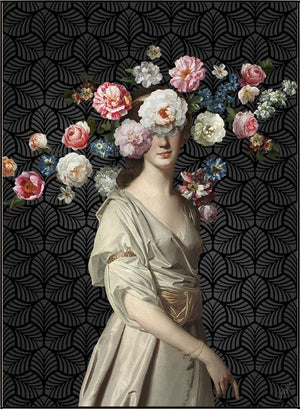 Rose Colored Glasses by Jackie Von Tobel is a print of a young aristocrat whose vision is obscured by a flurry of rose blossoms.