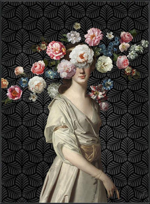 Rose Colored Glasses by Jackie Von Tobel is a print of a young aristocrat whose vision is obscured by a flurry of rose blossoms that was created for LeftBank Art where Jackie is a bestselling artist