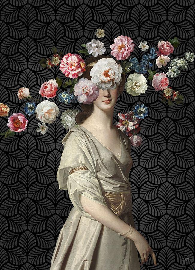 Rose Colored Glasses by Jackie Von Tobel is a print of a young aristocrat whose vision is obscured by a flurry of rose blossoms.