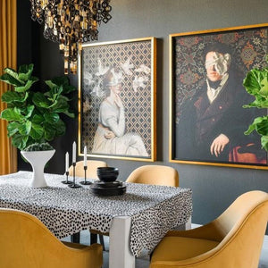 Love is Blind I and See No Evil in a modern dining room setting illustrating the power of Jackie Von Tobel���s historical portraits with a contemporary twist, which was created for LeftBank Art where Jackie is a bestselling artist.