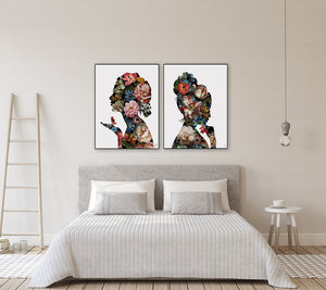 Floral Reflection I and II, prints by Jackie Von Tobel with women in profile rendered in floral blossoms in red, pink, blue, and white, hanging above a pretty bed.