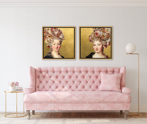 The Age of Innocence III and IV by Jackie Von Tobel, print of right- and left-facing young aristocrats with floral headdresses hanging above a lovely pink sofa.