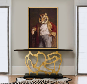 Grand Duke Anthony by Jackie Von Tobel, a print of a gentleman in a relaxed pose in a fur-trimmed robe with the face of a tiger, was created for LeftBank Art where Jackie is a bestselling artist.