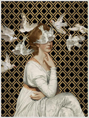 A flock of doves floats around a young woman in an ivory gown on a black and gold background in Jackie Von Tobel's fine art giclée Love is Blind I, the piece of wall art framed in white.