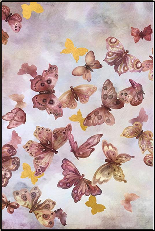 In Flight IV is a print by Jackie Von Tobel with a pale pink background fluttering with a kaleidoscope of dark pink and gold butterflies that was created for LeftBank Art where Jackie is a bestselling artist.