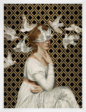 A flock of doves floats around a young woman in an ivory gown on a black and gold background in Jackie Von Tobel's fine art giclée Love is Blind I, the piece of wall art framed in black.