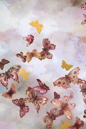 In Flight III is a print by Jackie Von Tobel with a pale pink background fluttering with a kaleidoscope of dark pink and gold butterflies.
