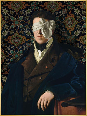 See No Evil by Jackie Von Tobel is a fine art giclée of a gentleman whose vision is obscured by an artfully tied bow made of satin, the piece of wall art framed in gold.