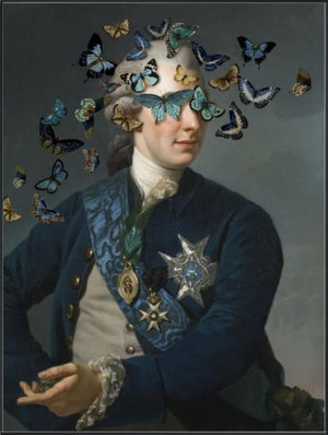 Blinded by the Flight by Jackie Von Tobel is a fine art gicl��e of a gentleman whose vision is obscured by a kaleidoscope of butterflies, the piece of wall art framed in black.