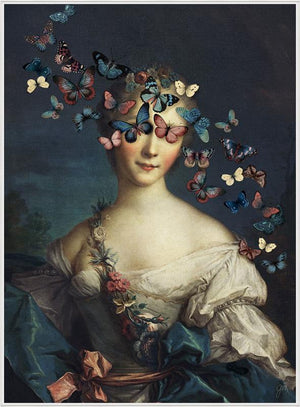 Madame Butterfly by Jackie Von Tobel is a fine art gicl��e of a young aristocrat whose vision is obscured by a kaleidoscope of butterflies, the piece of wall art framed in white.