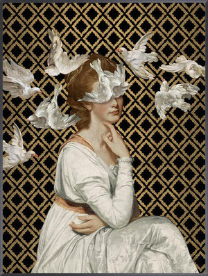 A flock of doves floats around a young woman in an ivory gown on a black and gold background in Jackie Von Tobel's fine art giclée Love is Blind I, the piece of wall art framed in black.