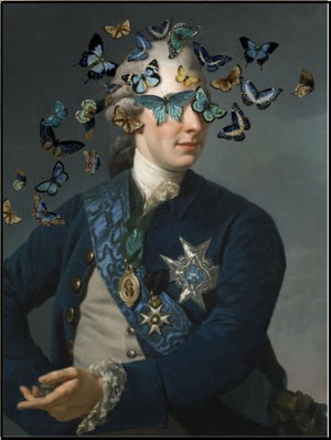 Blinded by the Flight by Jackie Von Tobel is a fine art gicl��e of a gentleman whose vision is obscured by a kaleidoscope of butterflies, the piece of wall art framed in silver.