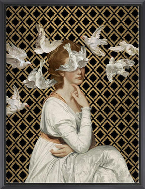 A flock of doves floats around a young woman in an ivory gown on a black and gold background in Jackie Von Tobel's fine art giclée Love is Blind I, the piece of wall art framed in black.