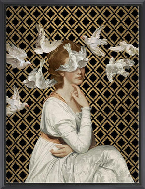 A flock of doves floats around a young woman in an ivory gown on a black and gold background in Jackie Von Tobel's fine art gicl��e Love is Blind I, the piece of wall art framed in black.