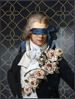 Secret Admirer by Jackie Von Tobel is a print of a gentleman whose vision is obscured by an artfully tied bow made of satin, the piece of wall art framed in black.