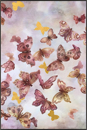 In Flight IV is a print by Jackie Von Tobel with a pale pink background fluttering with a kaleidoscope of dark pink and gold butterflies that was created for LeftBank Art where Jackie is a bestselling artist.