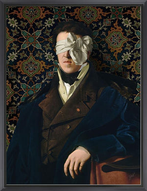 See No Evil by Jackie Von Tobel is a fine art giclée of a gentleman whose vision is obscured by an artfully tied bow made of satin, the piece of wall art framed in black.