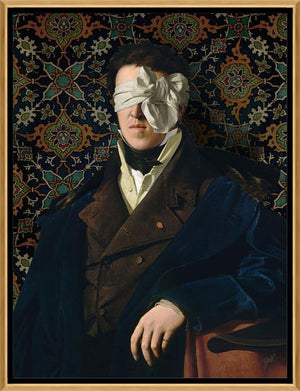 See No Evil by Jackie Von Tobel is a fine art gicl��e of a gentleman whose vision is obscured by an artfully tied bow made of satin, the piece of wall art framed in gold.